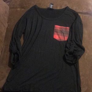 Black Tunic Top with Plaid Pocket